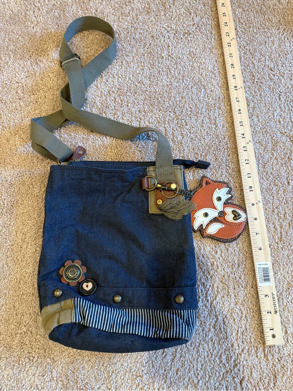 Chala Navy Blue Denim Crossbody Tote with Olive Strap and Brown Accents with Fox - Picture 3 of 3